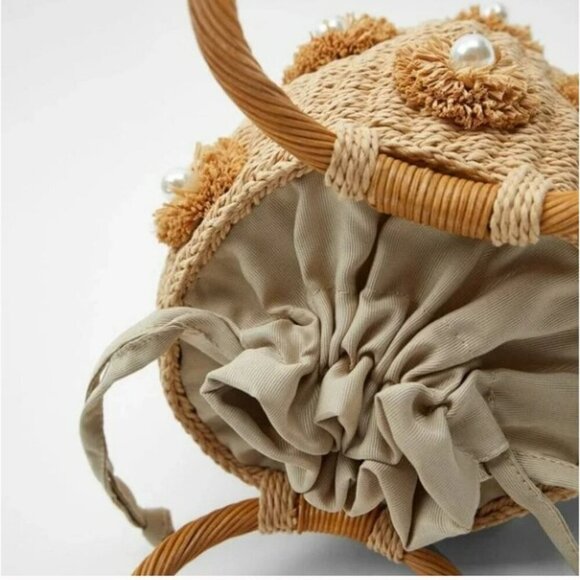 ZARA RARE Luxury Pearl Trim Basket Bohemian Blogger's Favorite Straw Bag - Picture 2 of 13